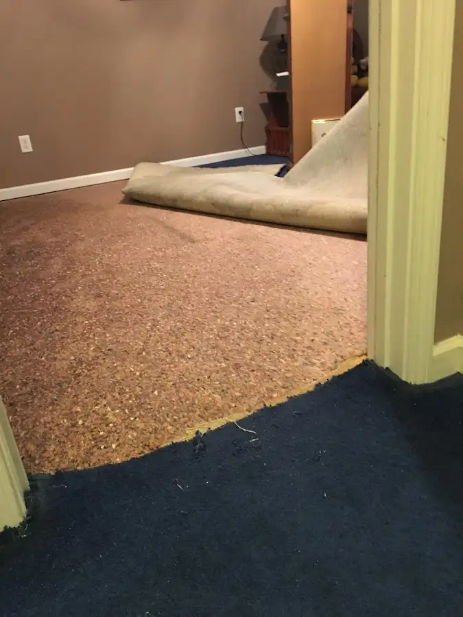 Carpet pad removal revealing water damage during Water Mitigation Services in Benson